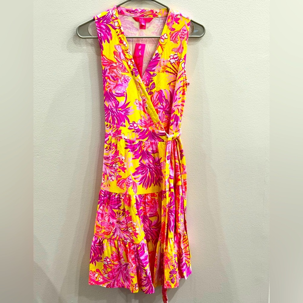 Lilly Pulitzer Folly Wrap Dress Calla Yellow Floral Coral Size XS